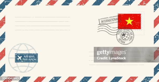 blank air mail grunge envelope with vietnam postage stamp. vintage postcard vector illustration with vietnamese national flag isolated on white background. retro style. - vietnam stock illustrations