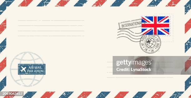 blank air mail grunge envelope with uk postage stamp. vintage postcard vector illustration with british national flag isolated on white background. retro style. - british flag stamp stock illustrations