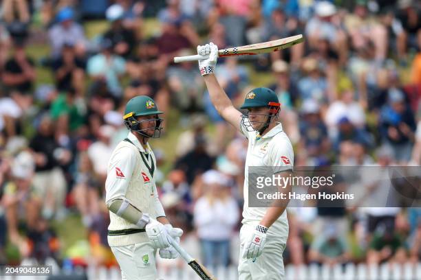 Cameron Green of Australia celebrates his 150 with Josh Hazlewood during day two of the First Test in the series between New Zealand and Australia at...