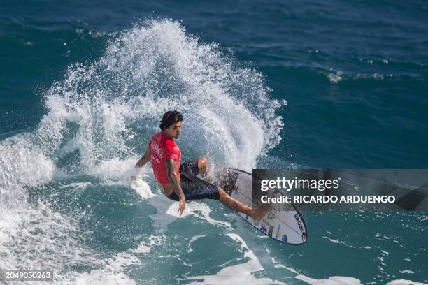 Brazil's Gabriel Medina competes in the 2024 International Surfing Association World Surfing Games off La Marginal Beach in Arecibo, Puerto Rico, on...