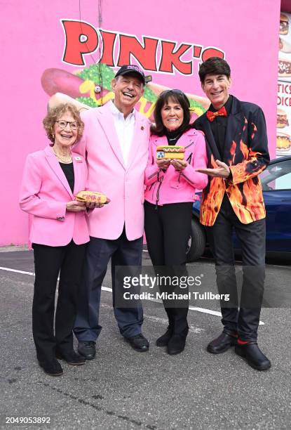 Pink's co-owners Beverly Pink Wolfe, Richard Pink and Gloria Pink and BJ Korros attend a ceremony naming a vegan hot dog after Diane Warren at Pink's...