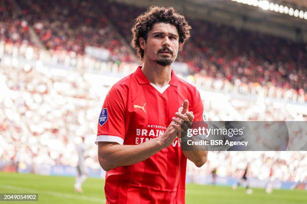 Andre Ramalho of PSV thanks the fans during the Dutch Eredivisie match between PSV and Feyenoord at Philips Stadion on March 3, 2024 in Eindhoven,...