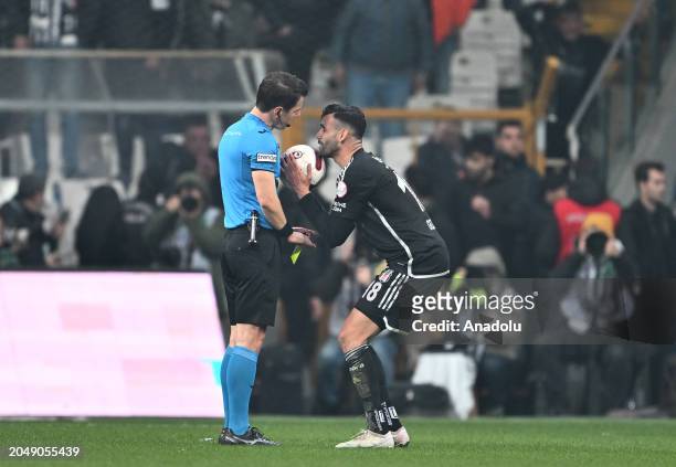 Rachid Ghezzal of Besiktas talks with the referee during the Turkish Super Lig 28th week match between Besiktas and Galatasaray at Tupras Stadium in...