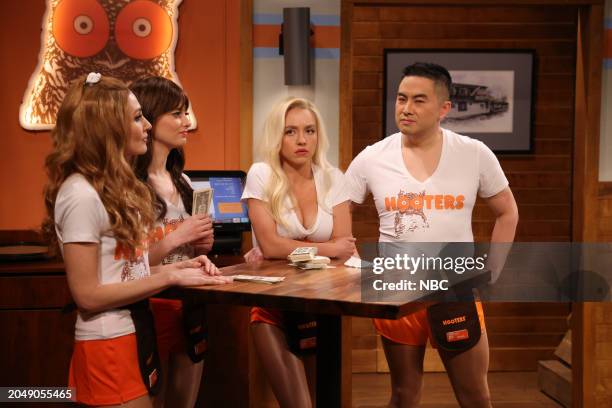 Episode 1857 -- Pictured: Chloe Fineman as Sarah, Sarah Sherman as Kathy, host Sydney Sweeney as Tina and Bowen Yang as Dennis during the "Hooters...