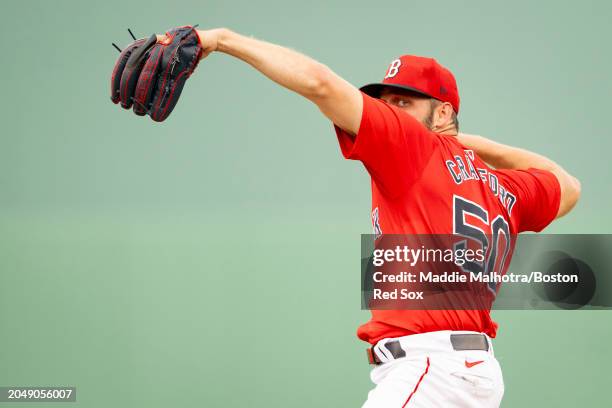 Kutter Crawford of the Boston Red Sox pitches during a Grapefruit League Spring Training game against the Toronto Blue Jays at JetBlue Park at Fenway...