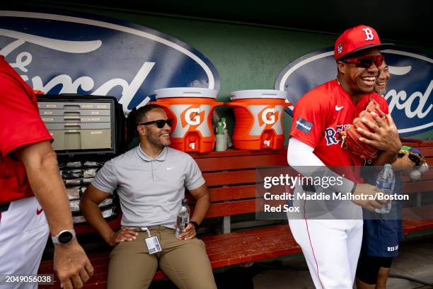 Daveson Perez of the Boston Red Sox reacts before a Grapefruit League Spring Training game against the Toronto Blue Jays at JetBlue Park at Fenway...