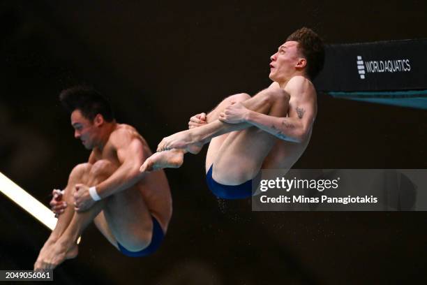 Thomas Daley and Noah Williams of Great Britain compete in the Men's 10m Synchronized Platform Final during the World Aquatics Diving World Cup at...