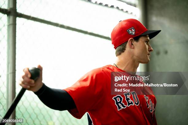 Mark Kolozsvary of the Boston Red Sox looks on in the batting cage before a Grapefruit League Spring Training game against the Toronto Blue Jays at...