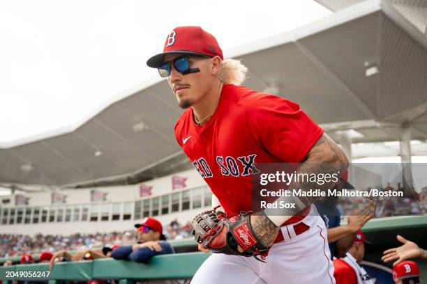 Jarren Duran of the Boston Red Sox takes the field for the first inning of a Grapefruit League Spring Training game against the Toronto Blue Jays at...