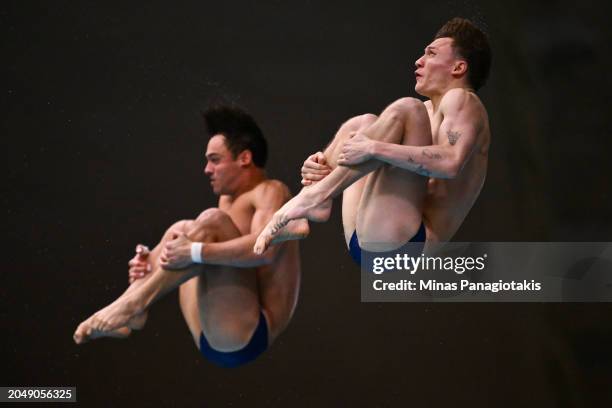 Thomas Daley and Noah Williams of Great Britain compete in the Men's 10m Synchronized Platform Final during the World Aquatics Diving World Cup at...