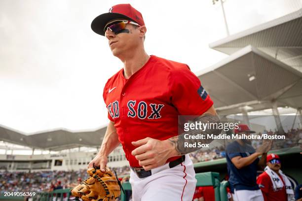 Tyler O'Neill of the Boston Red Sox takes the field for the first inning of a Grapefruit League Spring Training game against the Toronto Blue Jays at...