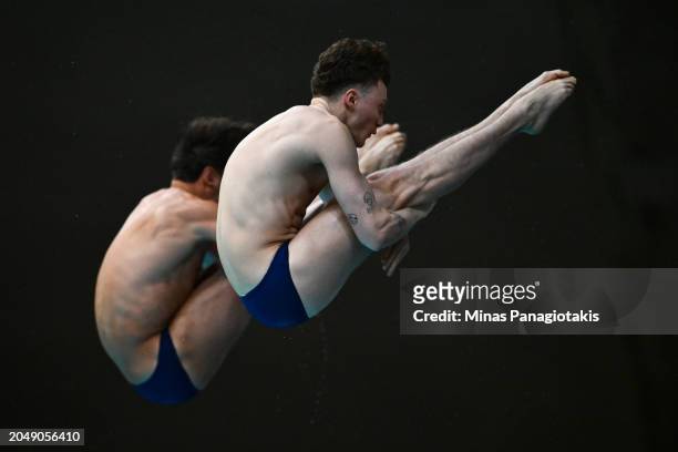 Thomas Daley and Noah Williams of Great Britain compete in the Men's 10m Synchronized Platform Final during the World Aquatics Diving World Cup at...