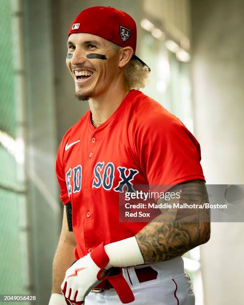 Jarren Duran of the Boston Red Sox reacts in the batting cage before a Grapefruit League Spring Training game against the Toronto Blue Jays at...