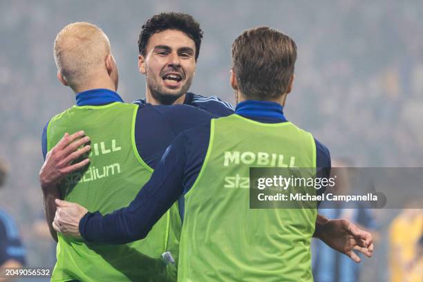 Deniz Hummet of Djurgardens IF celebrates scoring the 2-0 goal with teammates during the Svenska Cupen Group 4 match between Djurgardens IF and IFK...