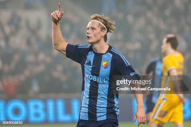 Tobias Gulliksen of Djurgardens IF celebrates after scoring the 1-0 goal during the Svenska Cupen Group 4 match between Djurgardens IF and IFK...