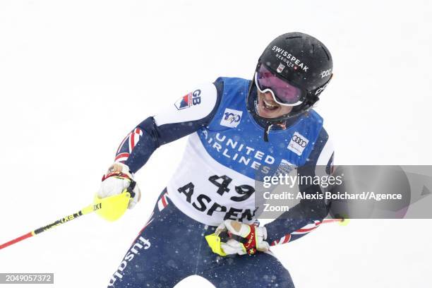 Laurie Taylor of Team Great Britain reacts during the Audi FIS Alpine Ski World Cup Men's Slalom on March 3, 2024 in Aspen, USA.