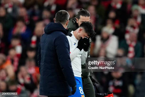 Pedri central midfield of Barcelona and Spain replace injured during the LaLiga EA Sports match between Athletic Bilbao and FC Barcelona at Estadio...