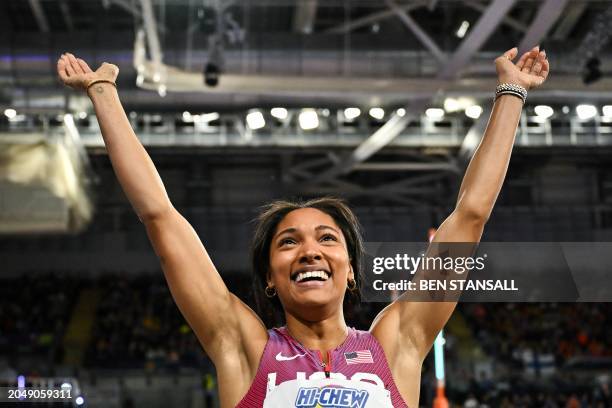 First-placed USA's Tara Davis-woodhall celebrates after winning the Women's Long Jump final during the Indoor World Athletics Championships in...