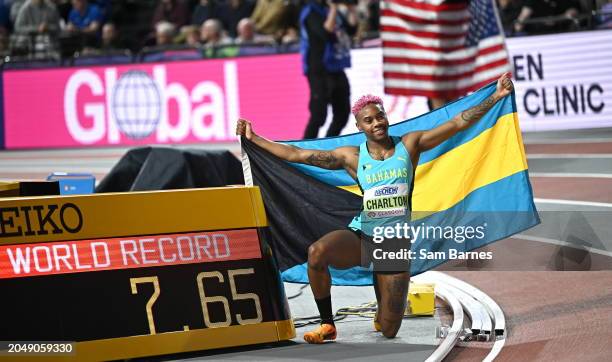 Scotland , United Kingdom - 3 March 2024; Devynne Charlton of Bahamas celebrates winning the Women's 60m Hurdles Final in a world record time on day...