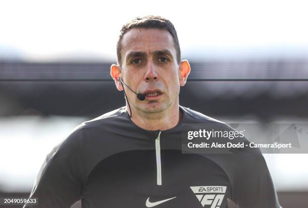 Referee David Coote warms ups for the Premier League match between Burnley FC and AFC Bournemouth at Turf Moor on March 3, 2024 in Burnley, England.