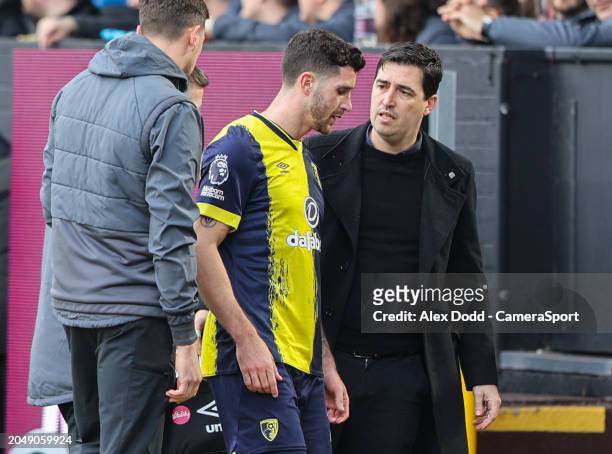 Bournemouth's Marcos Senesi leaves the field injured during the Premier League match between Burnley FC and AFC Bournemouth at Turf Moor on March 3,...