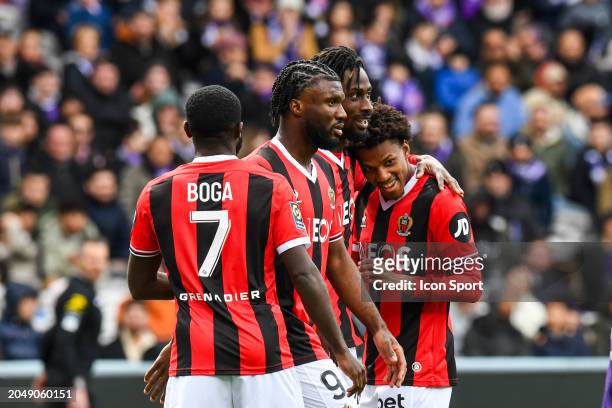 Terem MOFFI of Nice celebrates scoring his team first goal with teammates Jeremie BOGA of Nice, Hicham BOUDAOUI of Nice and Evann GUESSAND of Nice...