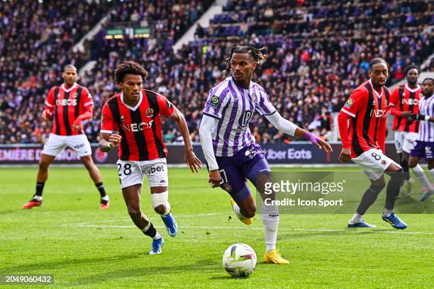 Gnantin GBOHO of Toulouse and Hicham BOUDAOUI of Nice during the Ligue 1 Uber Eats match between Toulouse and Nice at Stadium Municipal on March 3,...