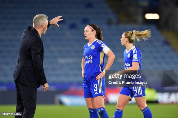 Leicester City Women manager Willie Kirk with Sam Tierney of Leicester City Women during the Leicester City v Chelsea FC - Barclays Women's Super...