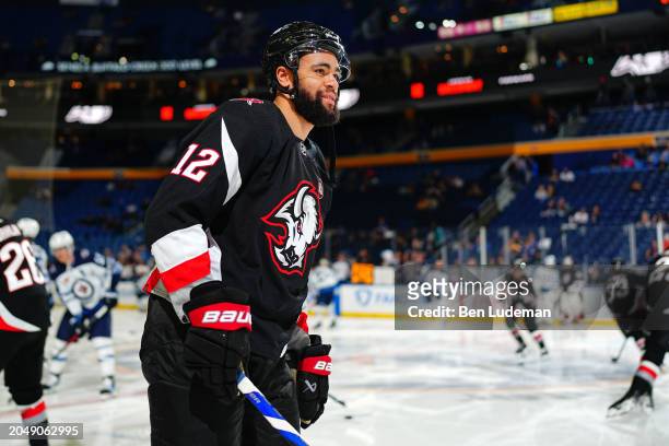 Jordan Greenway of the Buffalo Sabres warms up prior to an NHL game against the Winnipeg Jets on March 3, 2024 at KeyBank Center in Buffalo, New York.