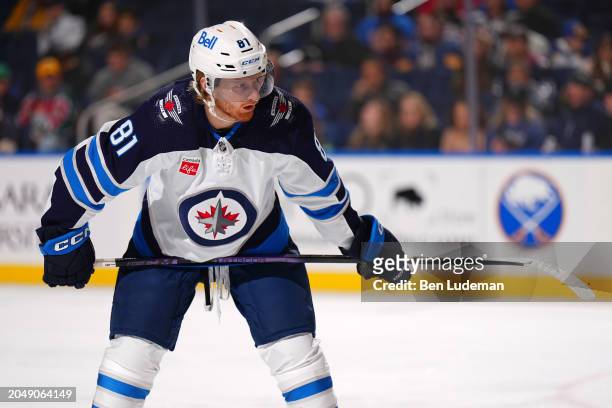Kyle Connor of the Winnipeg Jets looks on during the first period an NHL game against the Buffalo Sabres on March 3, 2024 at KeyBank Center in...