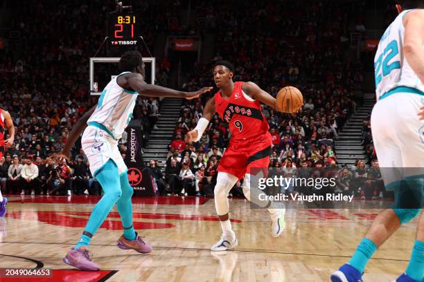 Barrett of the Toronto Raptors drives to the basket during the game against the Charlotte Hornets on March 3, 2024 at the Scotiabank Arena in...