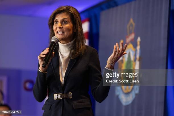 Republican presidential candidate, former U.N. Ambassador Nikki Haley speaks during a campaign stop at the Portland Elks Club on March 3, 2024 in...