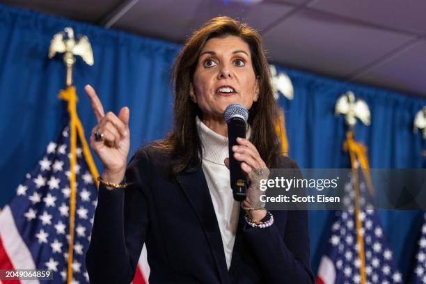 Republican presidential candidate, former U.N. Ambassador Nikki Haley speaks during a campaign stop at the Portland Elks Club on March 3, 2024 in...