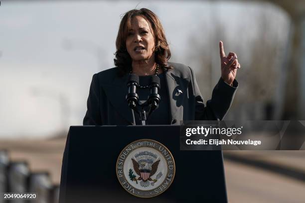 Vice President Kamala Harris speaks on the 59th commemoration of the Bloody Sunday Selma bridge crossing on March 3, 2024 in Selma, Alabama. Harris...