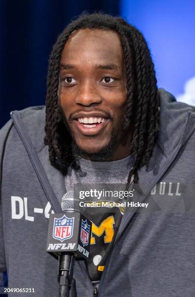 Darius Robinson #DL46 of the Missouri Tigers speaks to the media during the 2024 NFL Draft Combine at Lucas Oil Stadium on February 28, 2024 in...