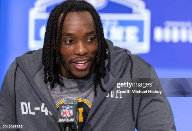 Darius Robinson #DL46 of the Missouri Tigers speaks to the media during the 2024 NFL Draft Combine at Lucas Oil Stadium on February 28, 2024 in...