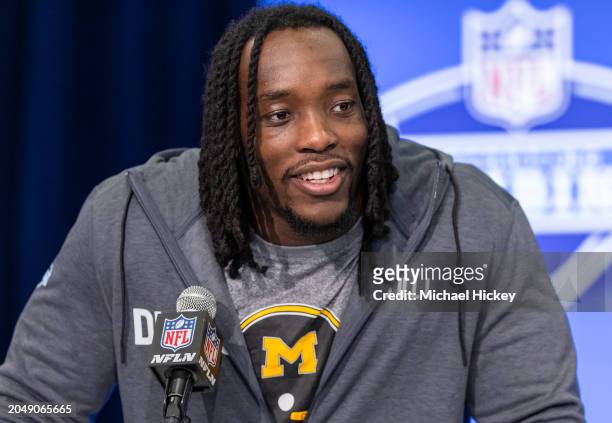 Darius Robinson #DL46 of the Missouri Tigers speaks to the media during the 2024 NFL Draft Combine at Lucas Oil Stadium on February 28, 2024 in...