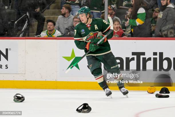 Kirill Kaprizov of the Minnesota Wild celebrates his hat trick against the San Jose Sharks during the third period at Excel Energy Center on March...