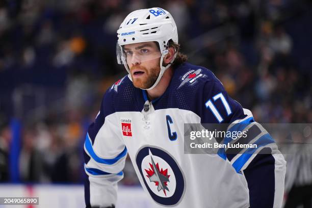 Adam Lowry of the Winnipeg Jets looks on during the third period of an NHL game against the Buffalo Sabres on March 3, 2024 at KeyBank Center in...