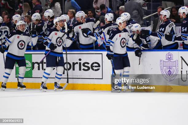 Vladislav Namestnikov of the Winnipeg Jets celebrates with teammates after a goal during the third period of an NHL game against the Buffalo Sabres...