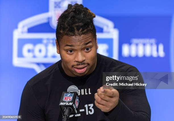 Kris Jenkins #DL13 of the Michigan Wolverines speaks to the media during the 2024 NFL Draft Combine at Lucas Oil Stadium on February 28, 2024 in...