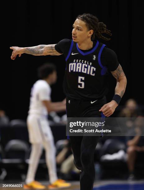 Wilson of the Osceola Magic reacts during the game against the Delaware Blue Coats on March 3, 2024 at Silver Spurs Arena in Kissimmee, Florida. NOTE...