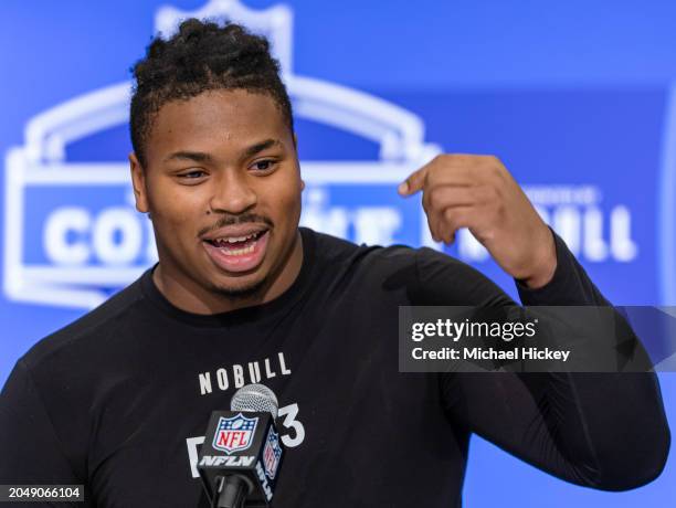 Kris Jenkins #DL13 of the Michigan Wolverines speaks to the media during the 2024 NFL Draft Combine at Lucas Oil Stadium on February 28, 2024 in...