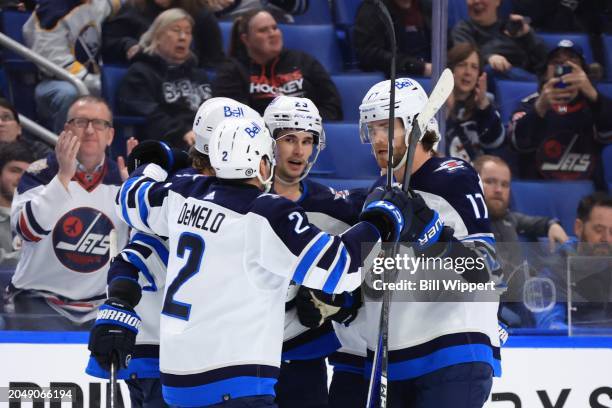 Sean Monahan of the Winnipeg Jets celebrates his third period goal against the Buffalo Sabres during an NHL game on March 3, 2024 at KeyBank Center...