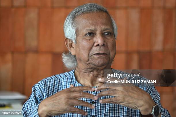 This photograph taken on February 29, 2024 shows Bangladeshi Nobel peace laureate Muhammad Yunus during an interview with AFP at his office in Dhaka....