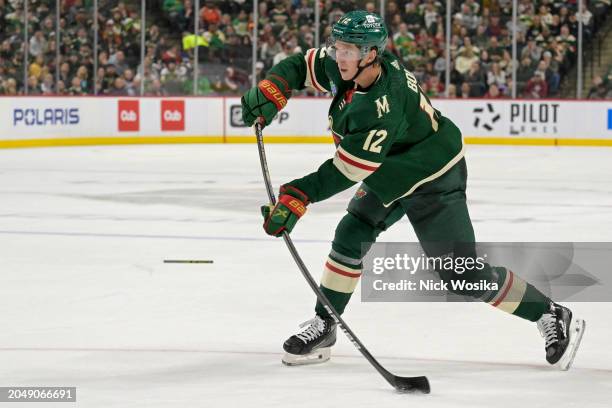 Matt Boldy of the Minnesota Wild takes a shot on goal against the San Jose Sharks during the second period at Excel Energy Center on March 03, 2024...