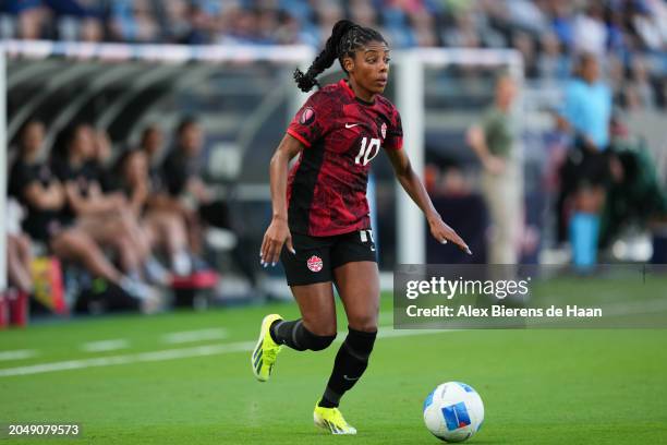 Ashley Lawrence of Canada dribbles the ball during a Group C 2024 Concacaf W Gold Cup game against Paraguay at Shell Energy Stadium on February 25,...