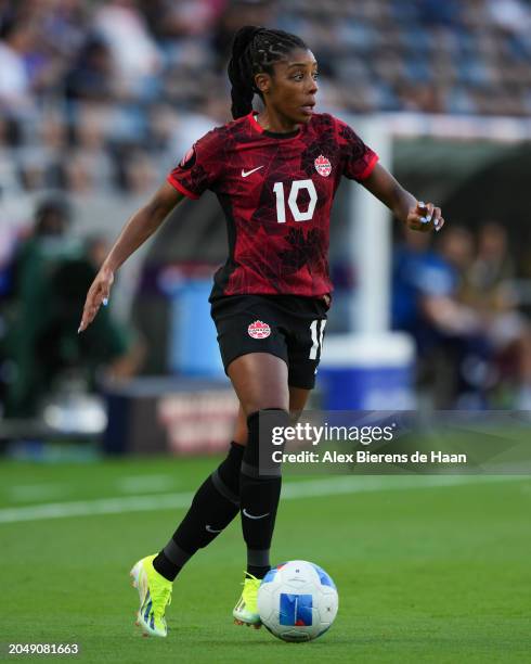 Ashley Lawrence of Canada dribbles the ball during a Group C 2024 Concacaf W Gold Cup game against Paraguay at Shell Energy Stadium on February 25,...