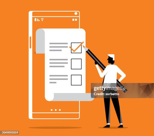 ilustraciones, imágenes clip art, dibujos animados e iconos de stock de voto electrónico - empresario - cuestionario