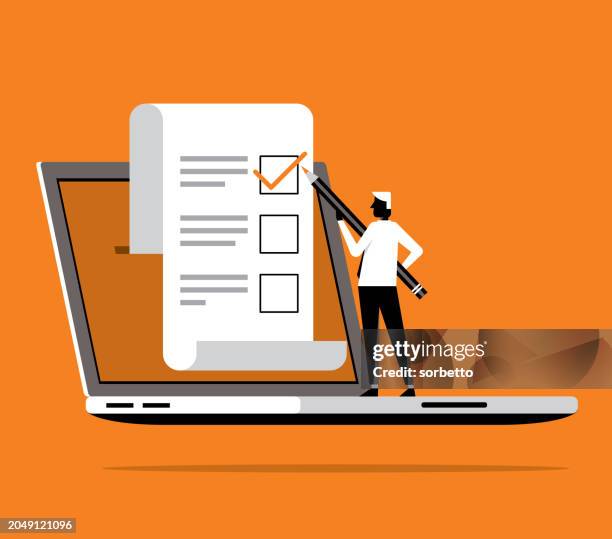 stockillustraties, clipart, cartoons en iconen met electronic voting - using laptop - businessman - checklist
